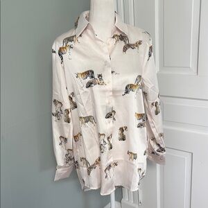 Shein Satin Oversized Long Sleeve Tiger Print Button-Up Blouse XS